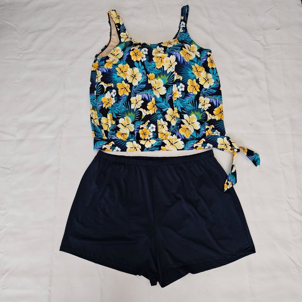 Swimsuit For All Women's Floral Side Tie Blouson Tankini And Shorts Plus Size 26 - Picture 2 of 16